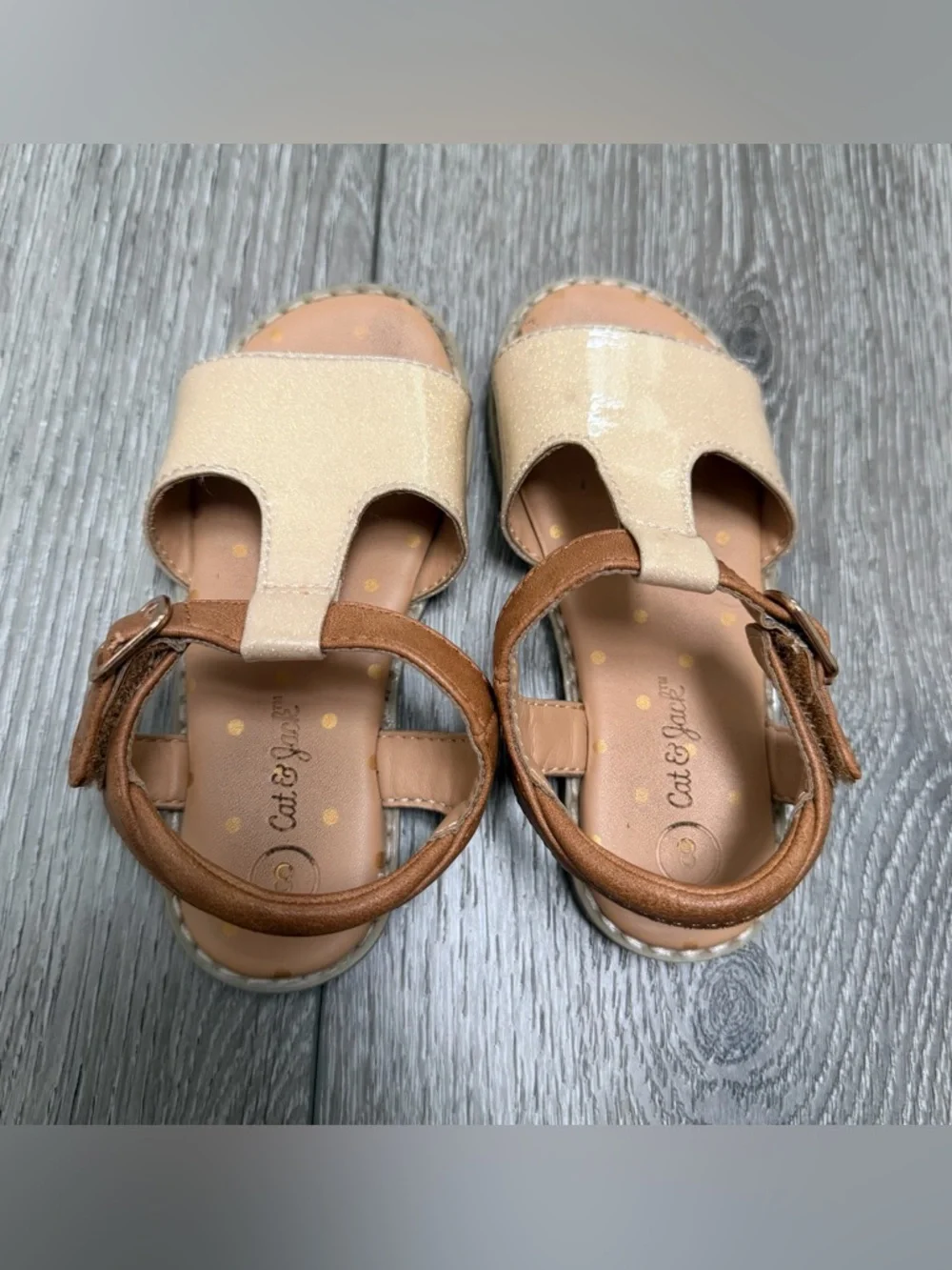 CAT AND JACK T STRAP HOOK AND LOOP CLOSURE SANDALS BROWN SPARKLE GOLD TODDLER 8
